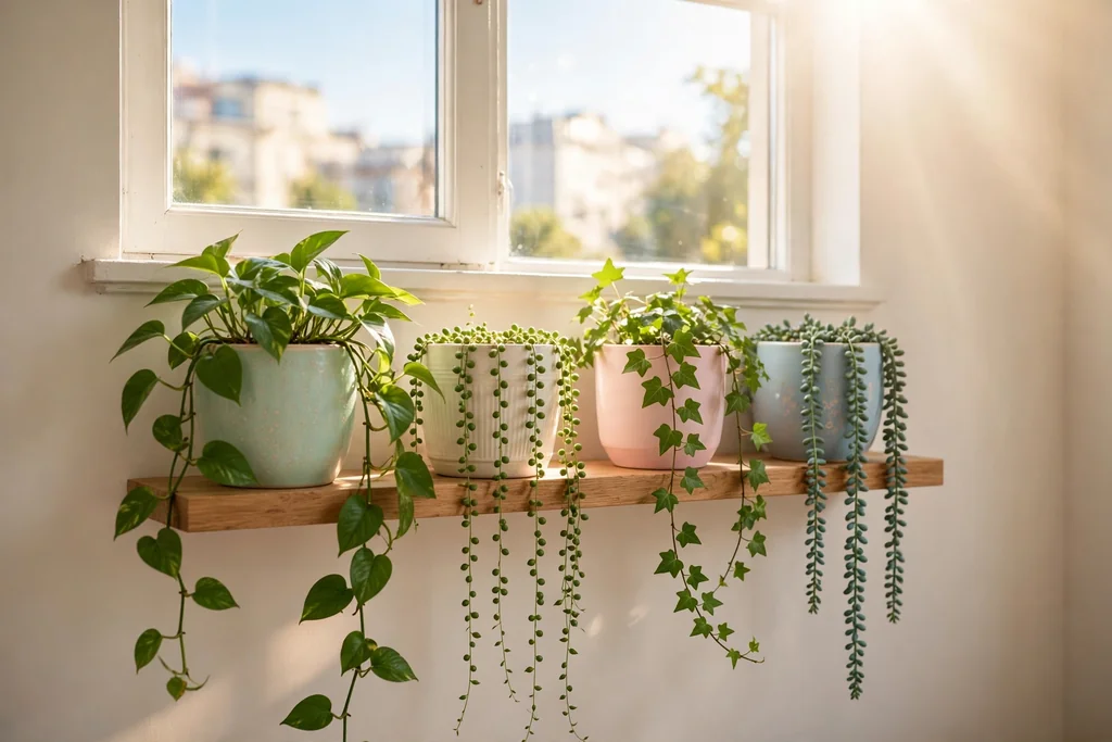 Trailing green plants in pastel and cream pots on a shelf below a bright apartment window.