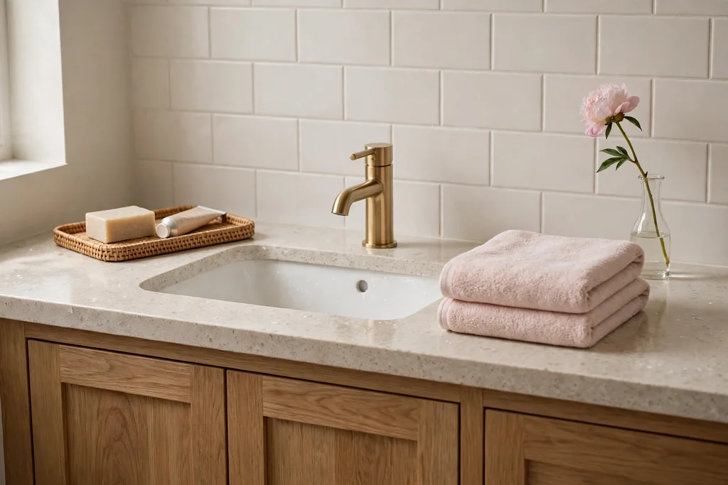 Apartment bathroom sink with a small tray holding soap and hand cream, folded blush towels and a single flower stem.