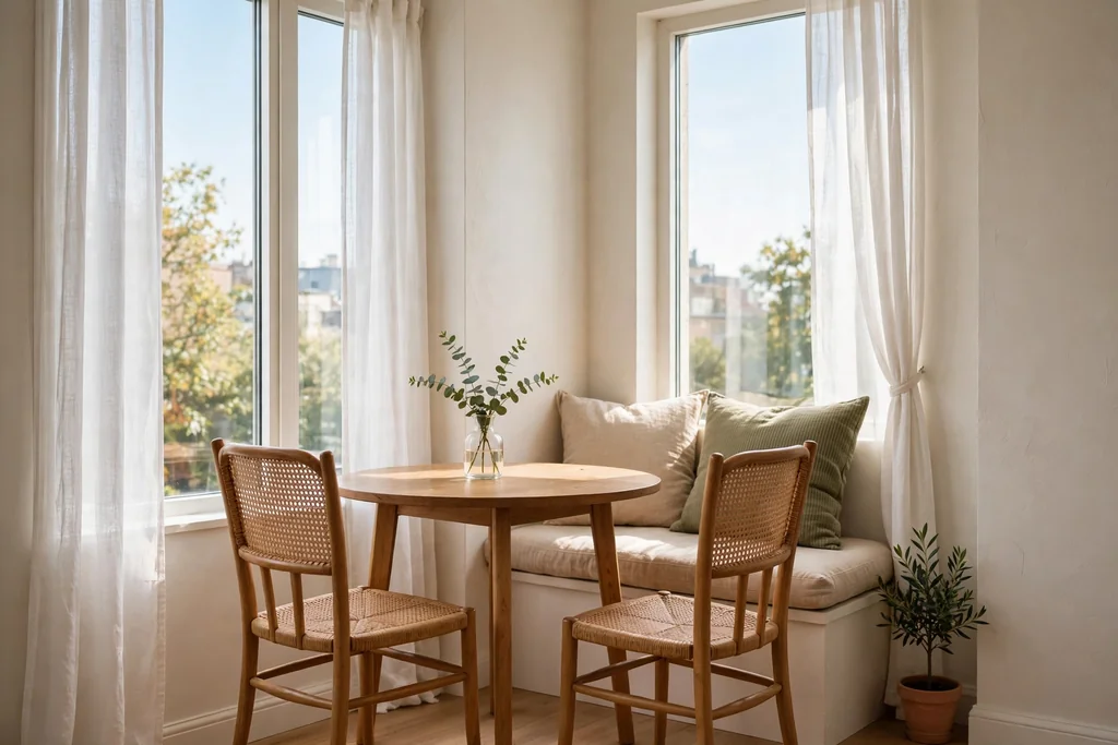 Small breakfast nook in an apartment corner with a round table, two chairs, a bench with cushions and a small vase.