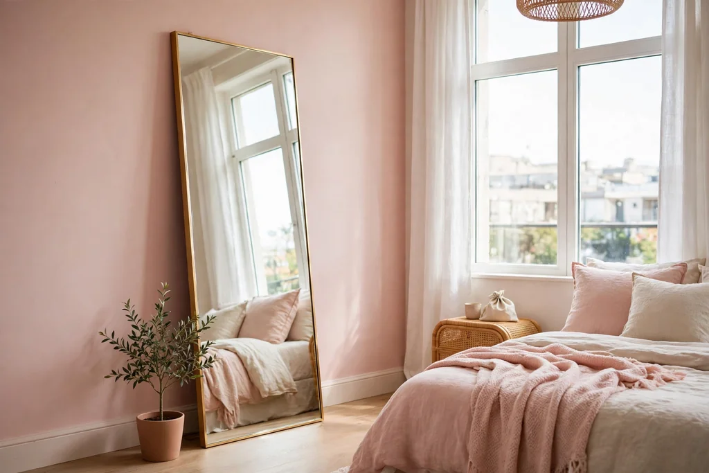 Tall full length mirror with a slim gold frame leaning against a wall opposite a bright window, with a small plant beside it.