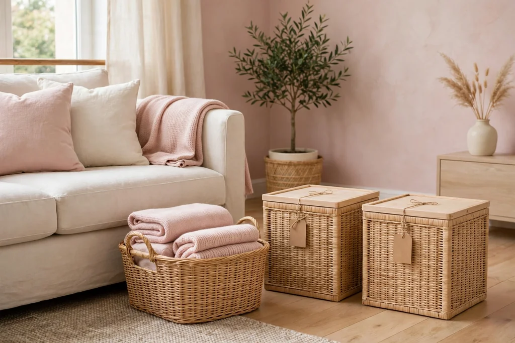 Woven baskets and lidded storage boxes with small labels beside a sofa, with throws folded inside one basket.