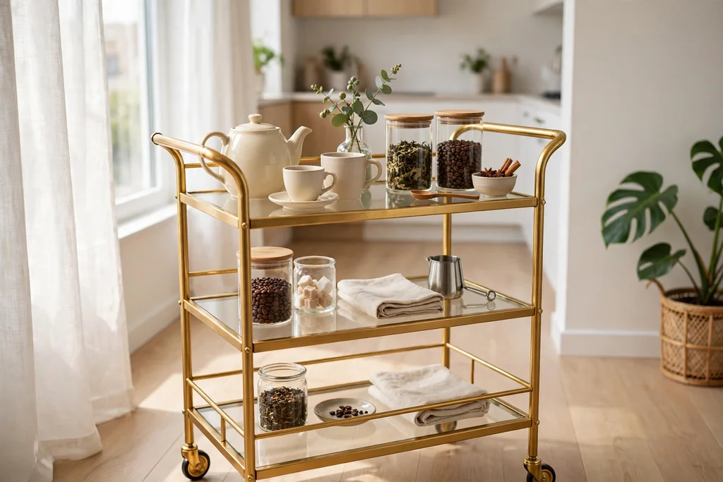 Small tea and coffee bar cart with cups, a teapot, jars of tea and coffee and a small vase.