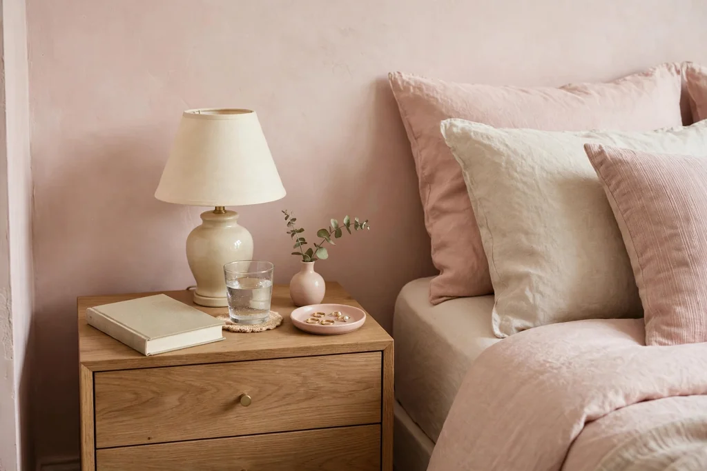 Styled bedside table beside a bed with a small lamp, a book, a glass of water and a small dish for rings.