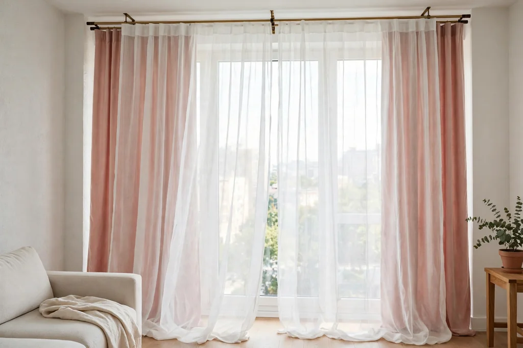 Bright apartment window with sheer white curtains layered over blush floor length curtains.