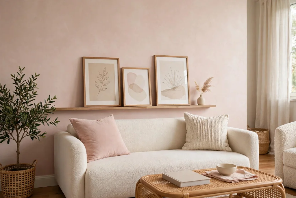 Slim picture ledge above a sofa holding leaning framed prints and a tiny vase.