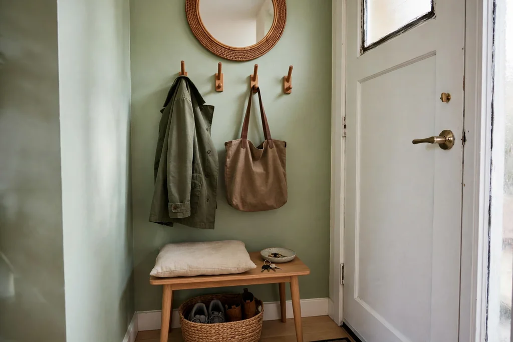 Small apartment entry zone by a door with wall hooks, a small bench, a basket for shoes, a dish for keys and a mirror.