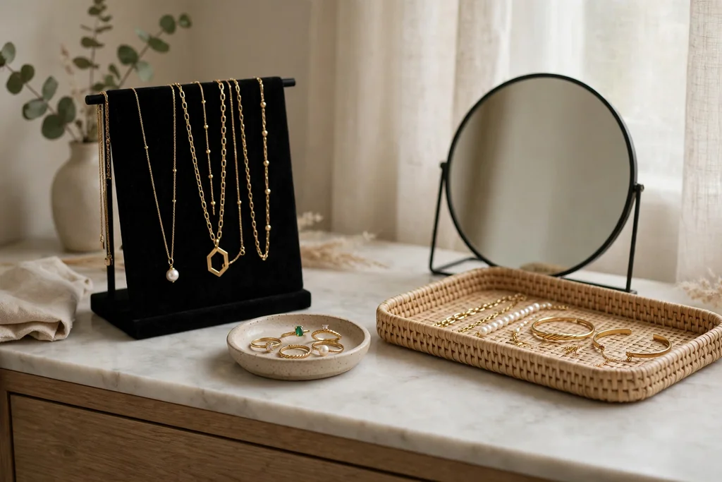 Jewelry displayed on a vanity with necklaces on a stand, rings in a ceramic dish and bracelets on a tray beside a mirror.