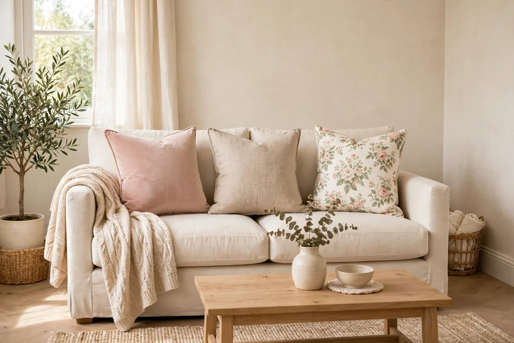 Sofa styled with mixed cushions in blush velvet, linen and floral cotton and a soft knit throw over one arm.