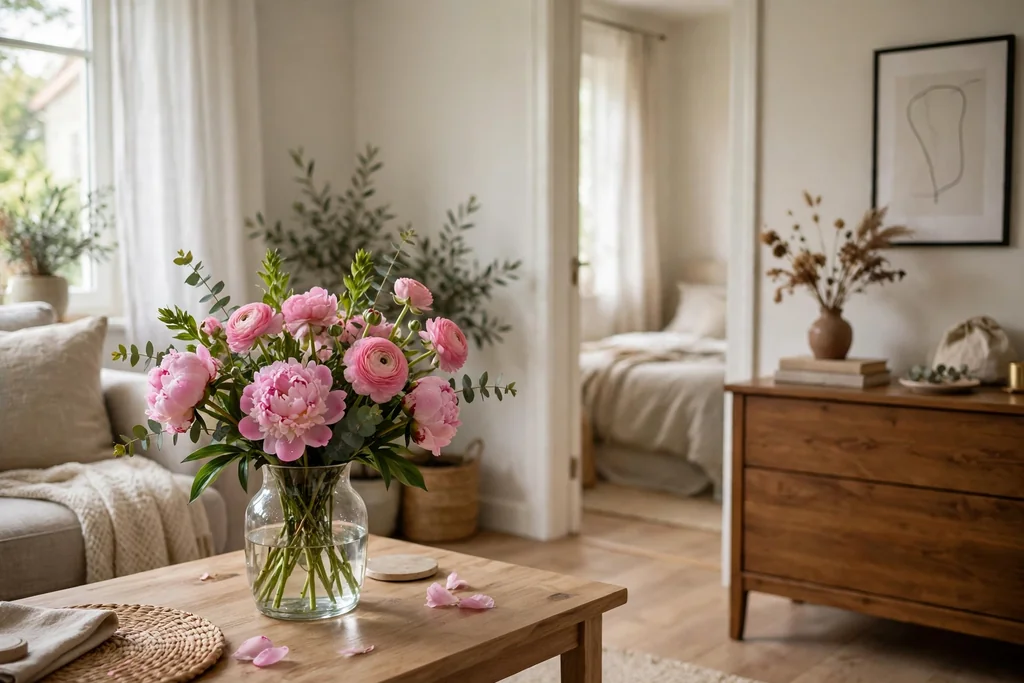 Fresh pink flowers in a glass vase on a table and dried flower stems in a small vase on a dresser.