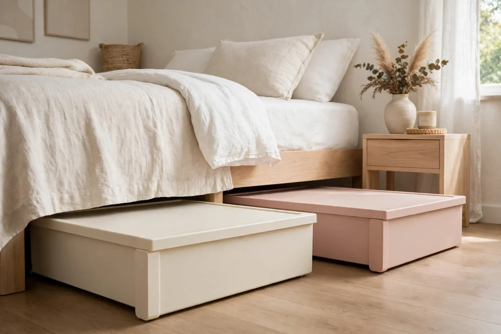 Flat lidded storage boxes in cream and blush sliding out from under a bed, with labeled ends visible.