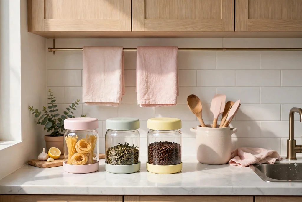 Small apartment kitchenette with matching clear and pastel jars for pasta, tea and coffee and blush tea towels on a rail.