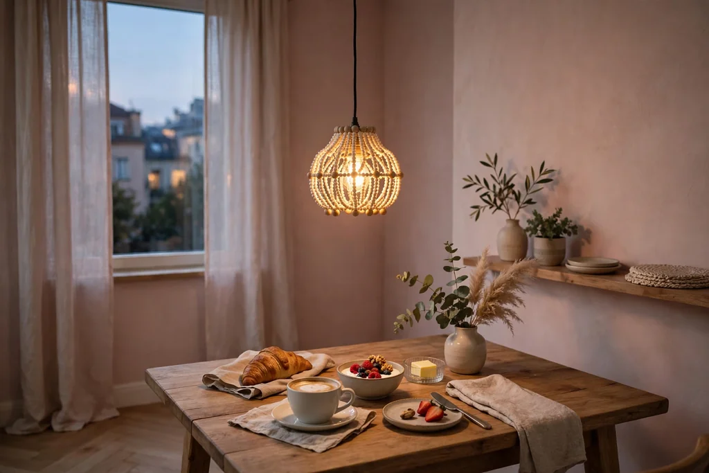 Small beaded pendant light glowing warmly above a breakfast table in a blush apartment.