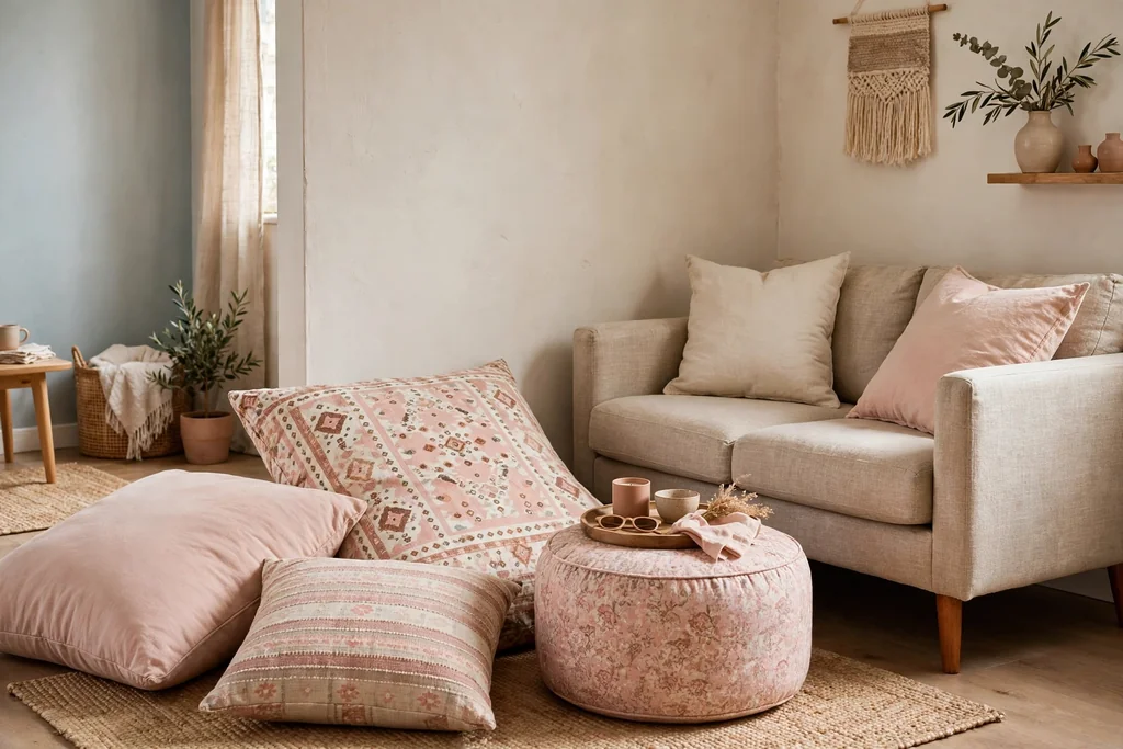Large floor cushions and a round pouf in blush and patterned cotton beside a sofa, with a tray on the pouf.