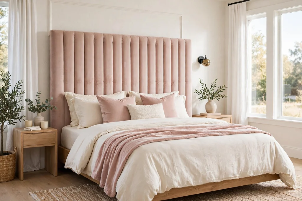 Bed with a tall soft upholstered headboard in blush velvet with channel tufting and cream and blush bedding.