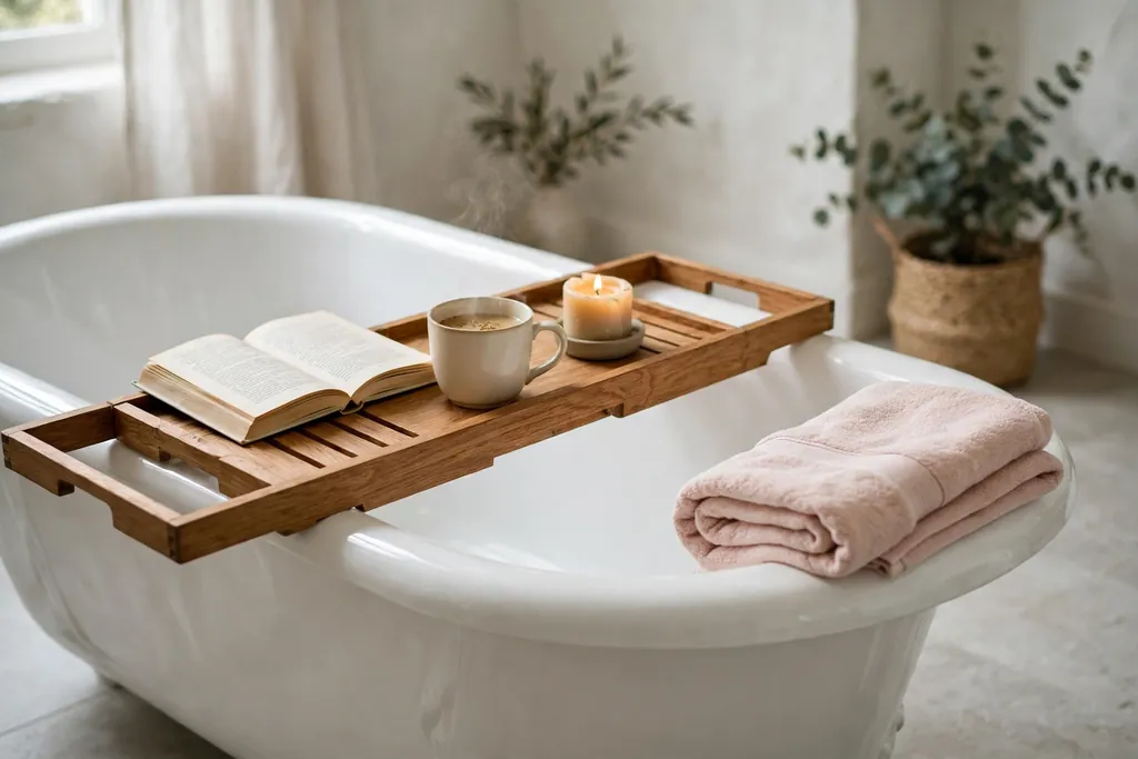Wooden bath tray across a bathtub holding a book, a cup, and a candle.