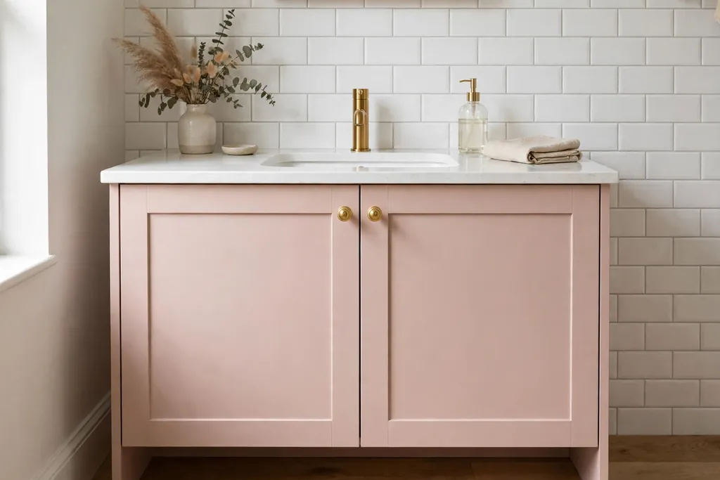 Bathroom vanity painted blush pink with a white countertop and gold knobs.