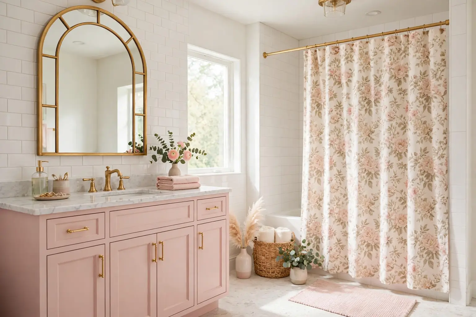 Wide girly bathroom with a blush pink vanity, a gold framed arched mirror, and a floral shower curtain in daylight.