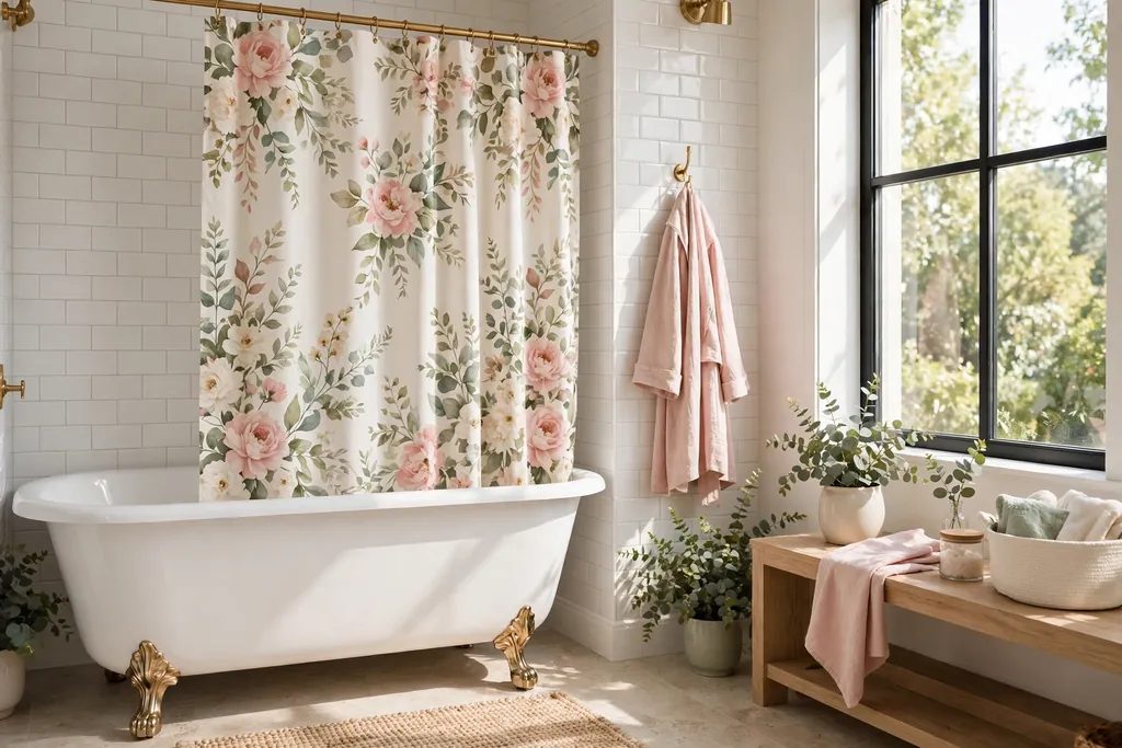 Bathroom with a floral shower curtain in blush, cream, and soft green beside a white tub.