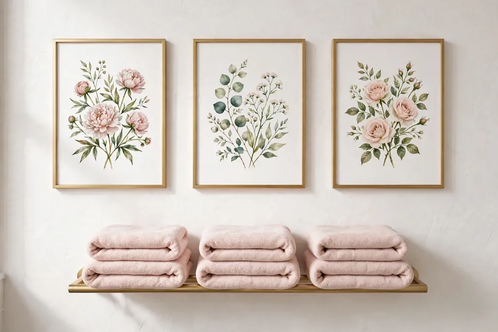 Bathroom wall with framed floral prints in slim gold frames above a towel rail.