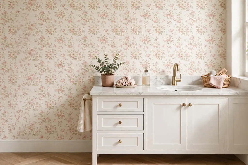 Bathroom wall with small floral wallpaper in blush and cream behind a vanity.