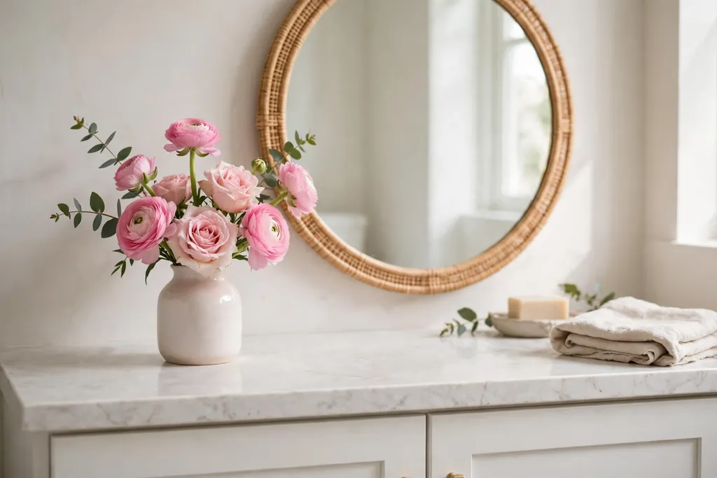 Small vase of fresh pink flowers on a bathroom vanity beside a mirror.