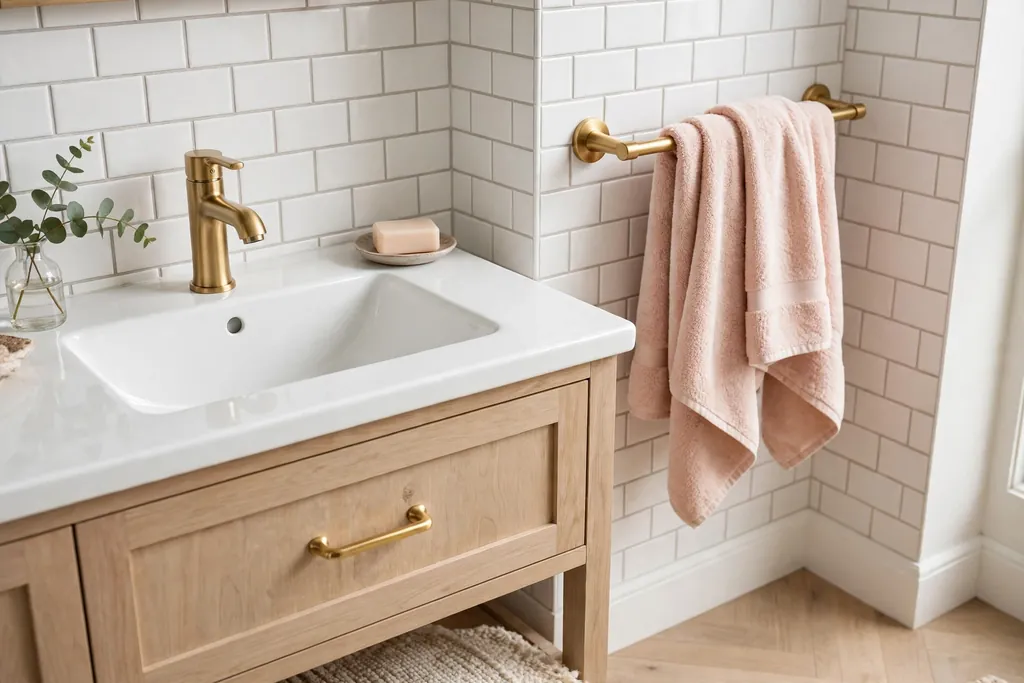 Bathroom sink with a brushed gold faucet and a matching gold towel bar.