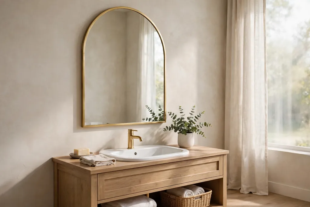 Arched mirror with a slim gold frame above a bathroom vanity with a white basin.