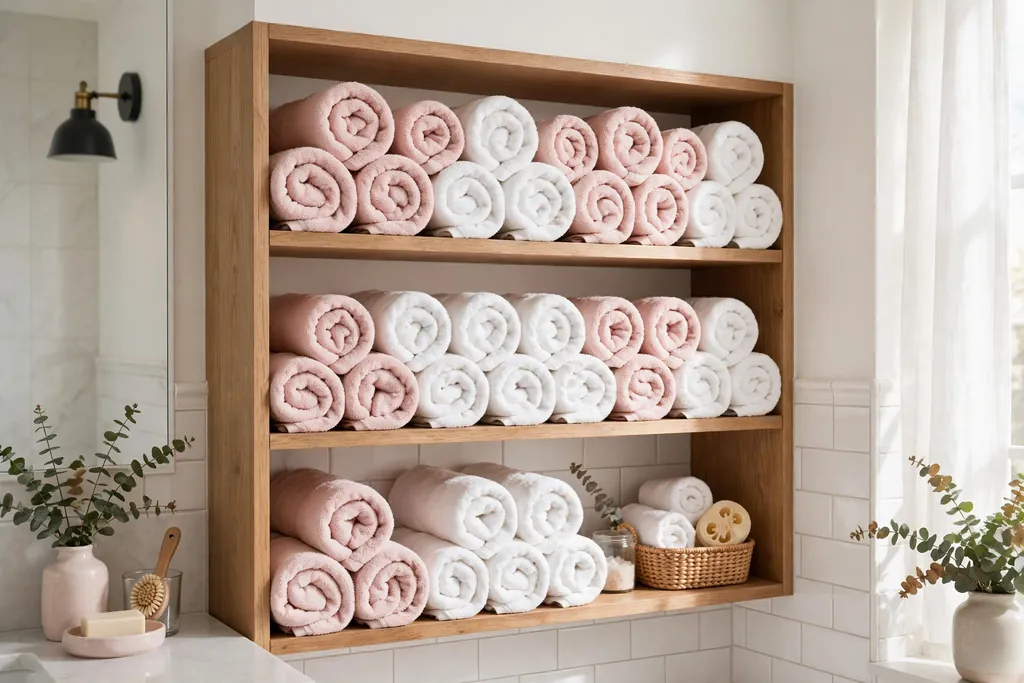 Open bathroom shelves holding layered blush and white rolled towels.