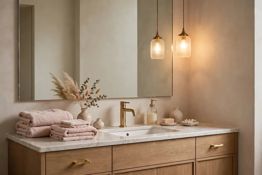 Bathroom vanity with a small frosted glass pendant light beside the mirror.