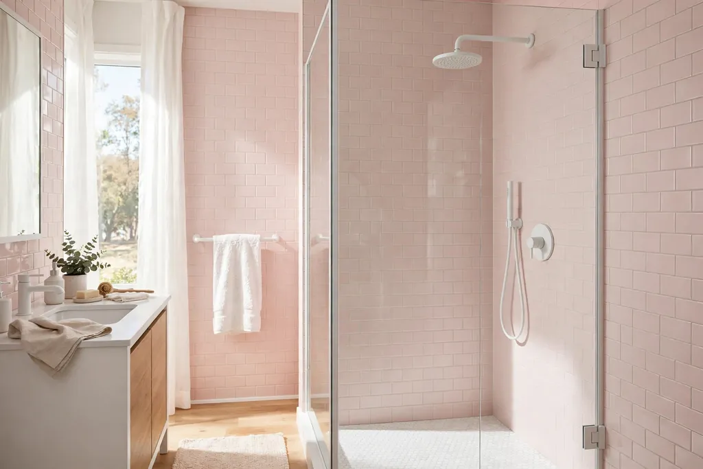 Shower with pale pink subway tile walls and white fixtures.