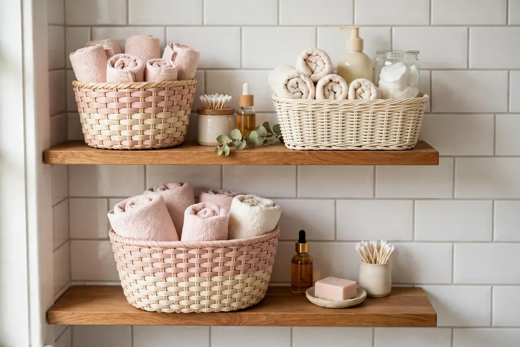 Bathroom shelves with blush and cream baskets holding rolled towels and toiletries.