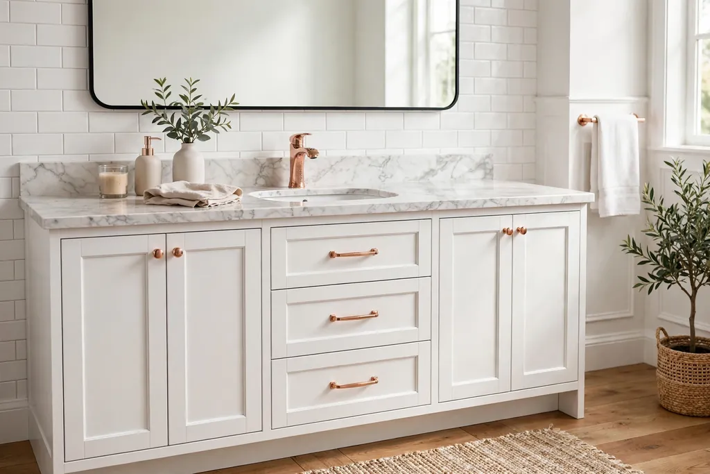 White bathroom cabinets with rose gold knobs and drawer pulls.