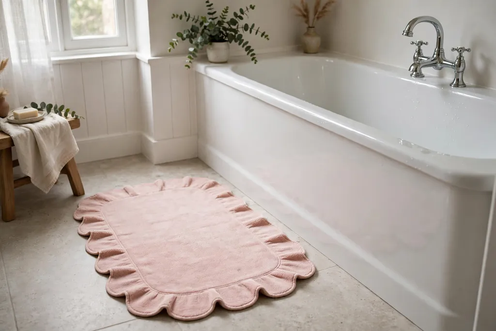 Bathroom floor with a scalloped edge bath mat beside a white tub.