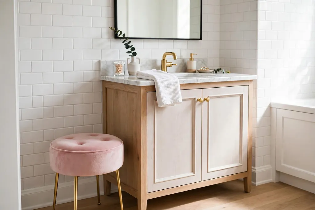 Small blush upholstered stool with slim gold legs beside a bathroom vanity.