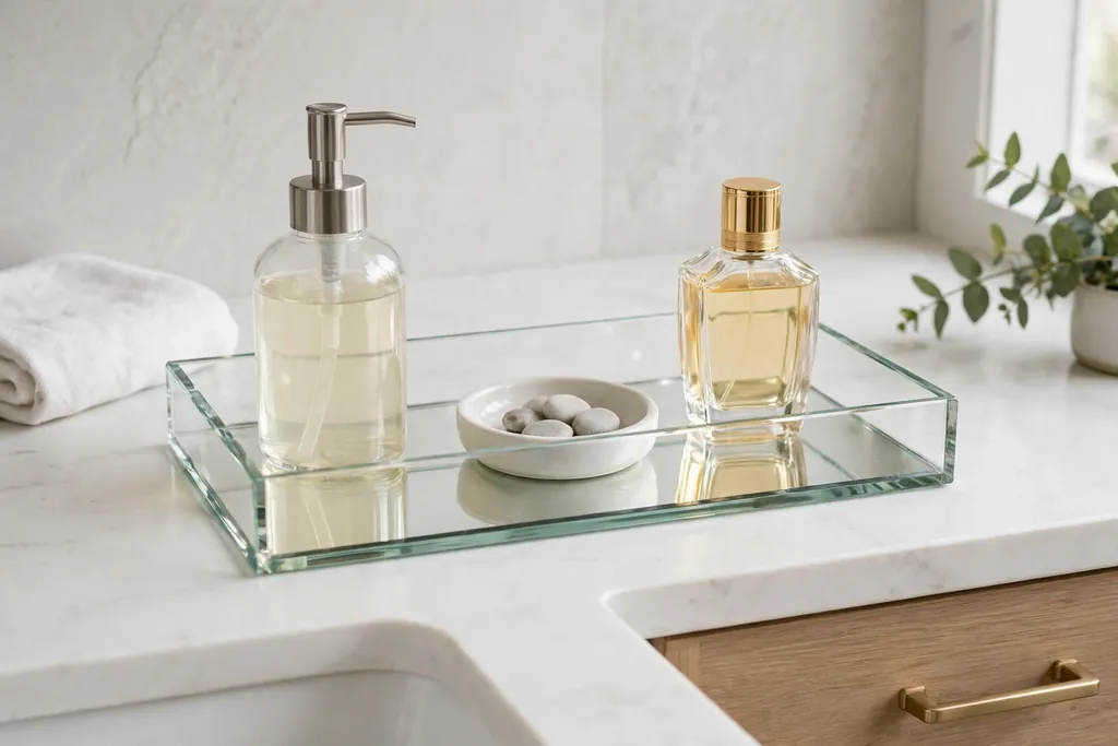 Glass vanity tray on a bathroom counter holding a soap dispenser, a small dish, and a perfume bottle.