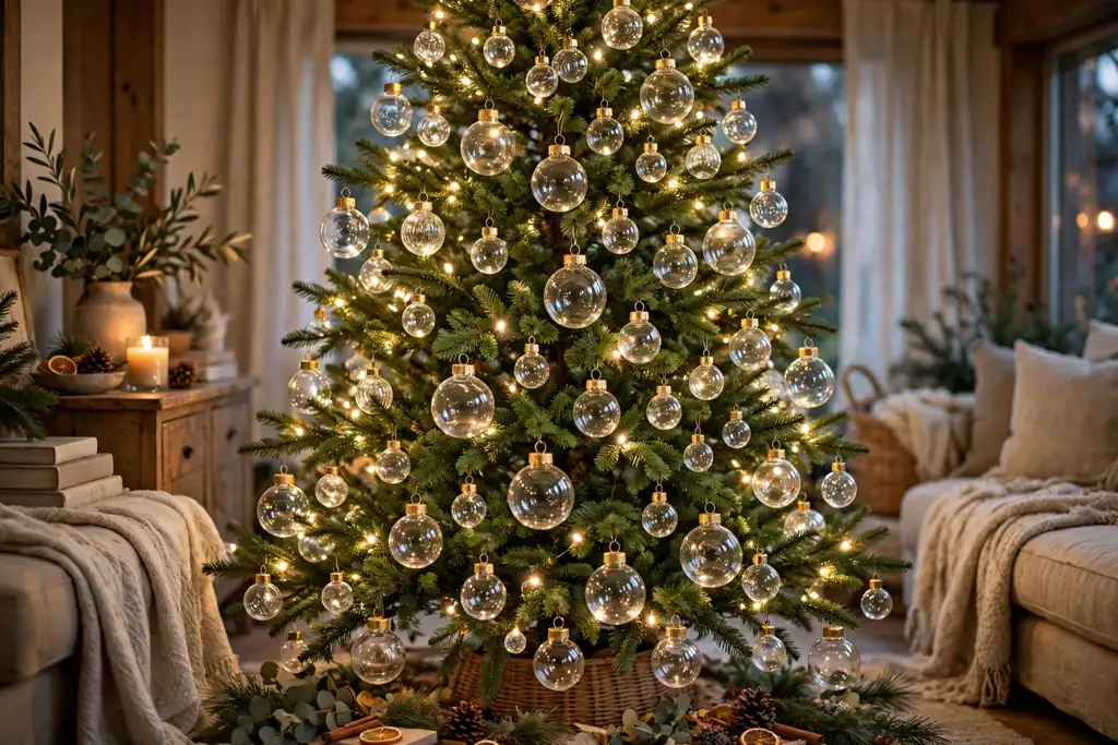 Green tree decorated with clear glass ball ornaments in several sizes.