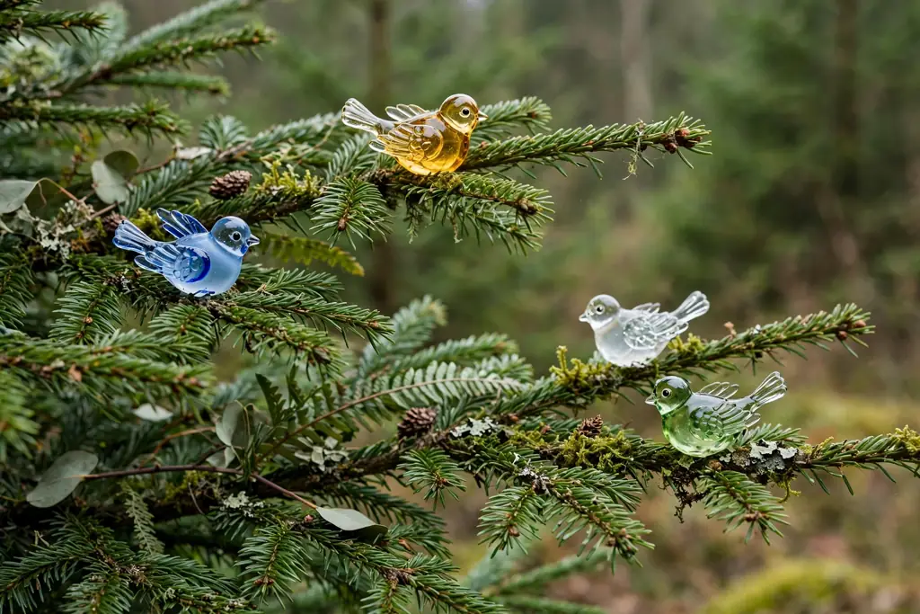 Green tree branches with small glass bird ornaments among greenery.