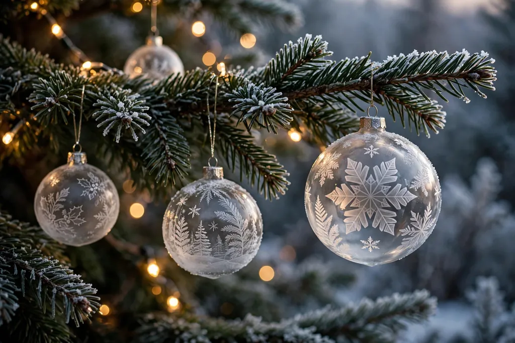 Tree branch with etched glass balls showing frosted winter patterns.