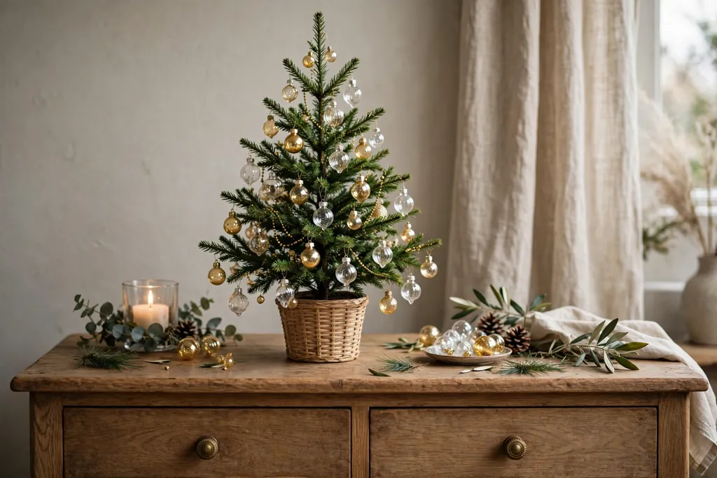 Small tabletop tree decorated with small clear and gold glass ornaments.