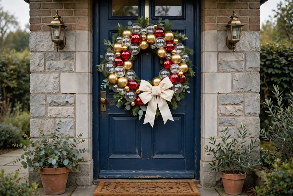 Door hung with a wreath made from clear, gold, and red glass balls.