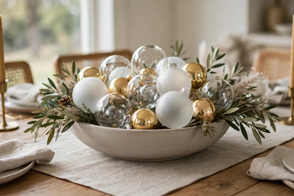 Dining table centerpiece with a low bowl filled with glass ornaments.