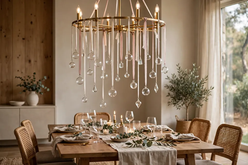Chandelier with small glass ornaments hung from ribbons at staggered heights.