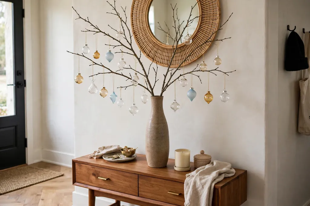 Vase with branches hung with small glass ornaments on a console.