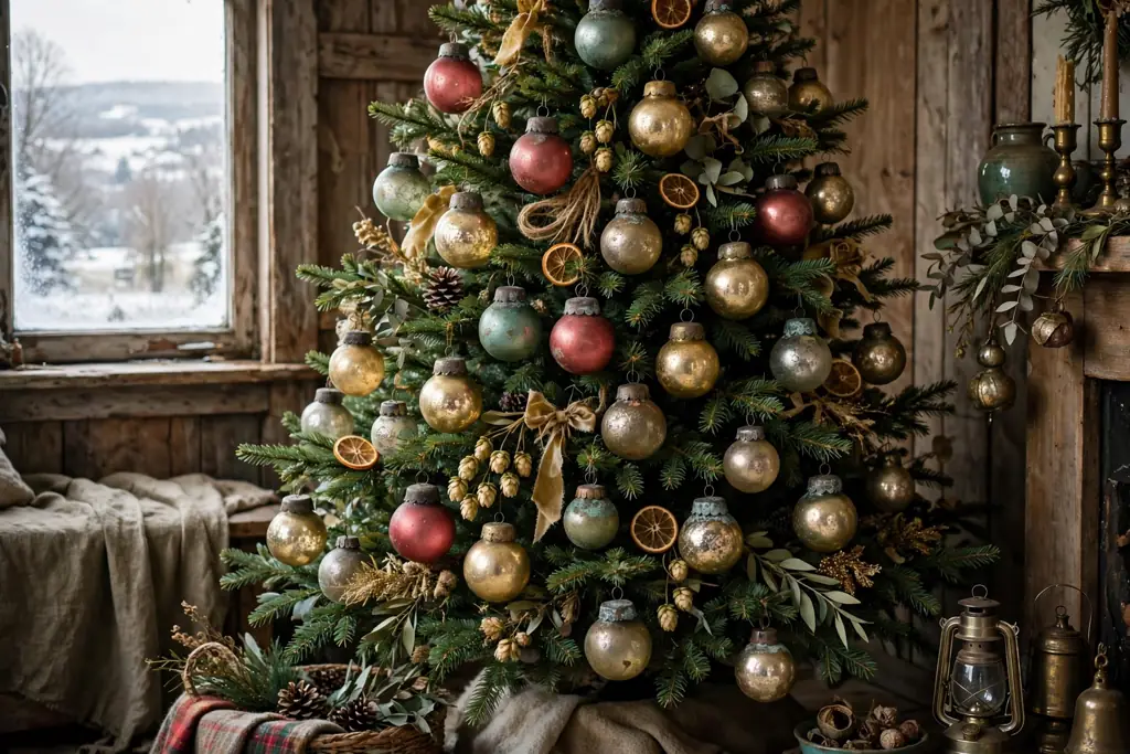 Tree decorated with vintage style glass balls with aged metal caps.