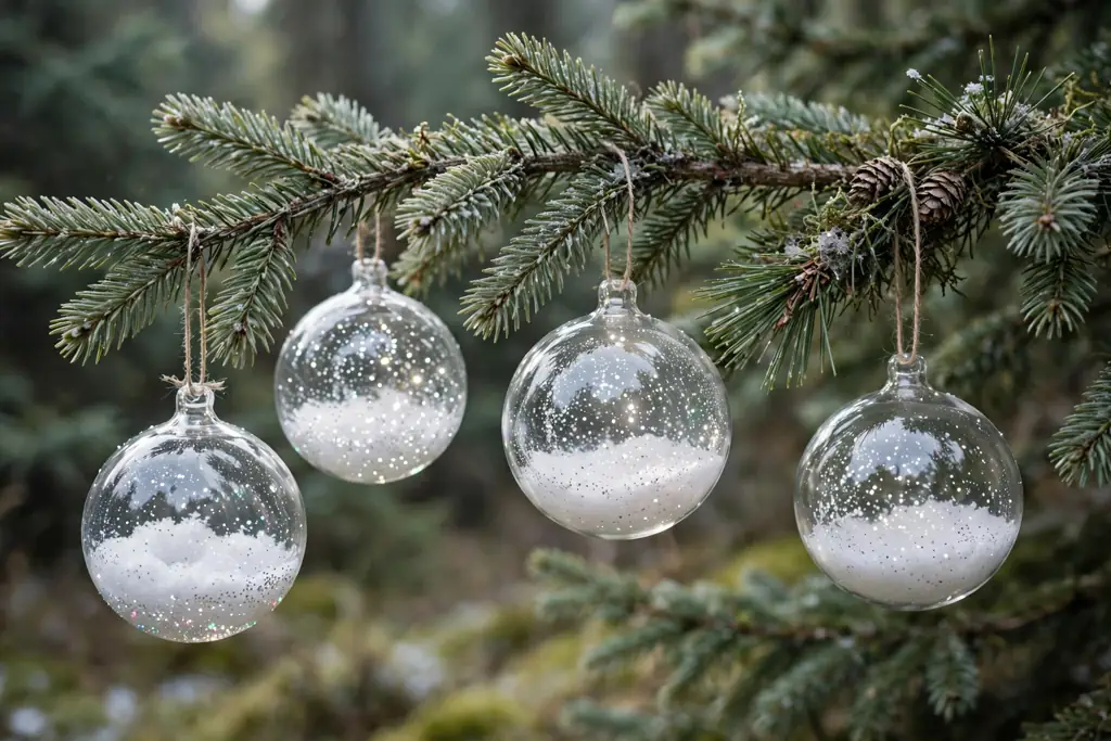 Tree branch with clear glass balls filled with fake snow and glitter.