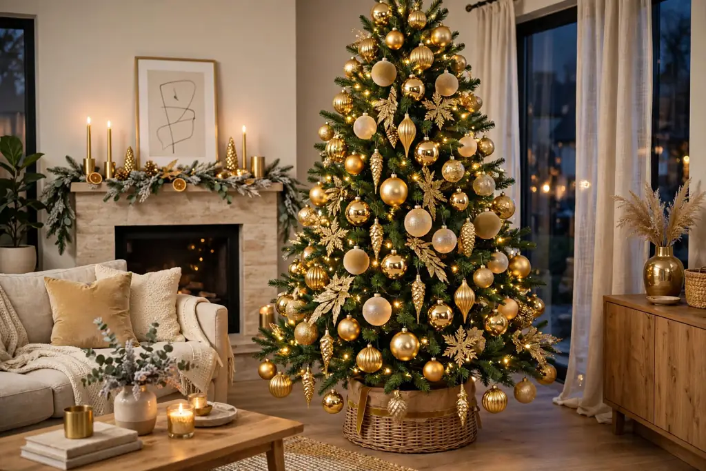 Living room tree decorated in all gold glass ornaments with mixed finishes.