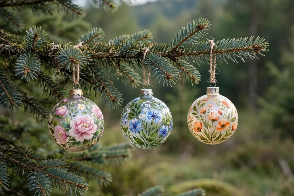 Tree branch with hand painted floral glass ball ornaments.