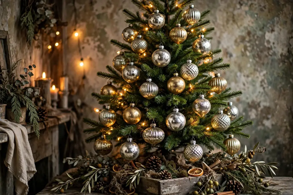 Tree decorated with mercury glass baubles in silver and gold.