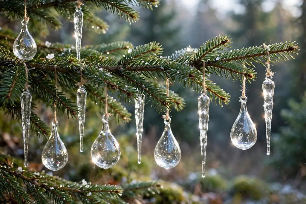 Branch tips hung with clear glass icicle and teardrop ornaments.