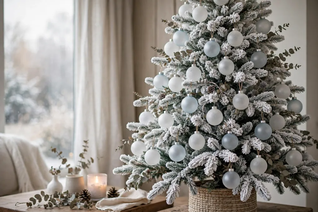 White flocked tree decorated with frosted glass ball ornaments.